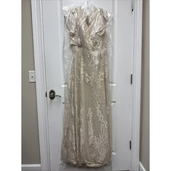 Mac Duggal Size 16 Ivory Nude Embellished Flutter Sleeve Lace A-Line Gown $798 - Picture 5 of 8